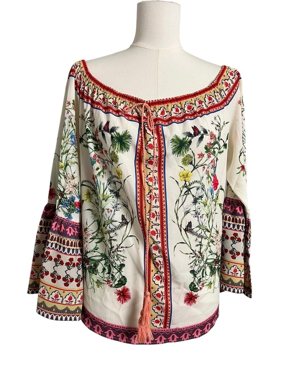 Umgee Boho Floral Peasant Blouse Womens Large Off Shoulder Bell Sleeve Top